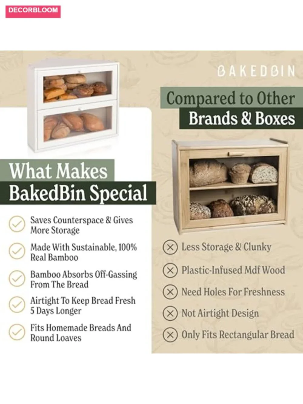 Extra Large Bamboo Corner Bread Box with Airtight Double Layer Storage for